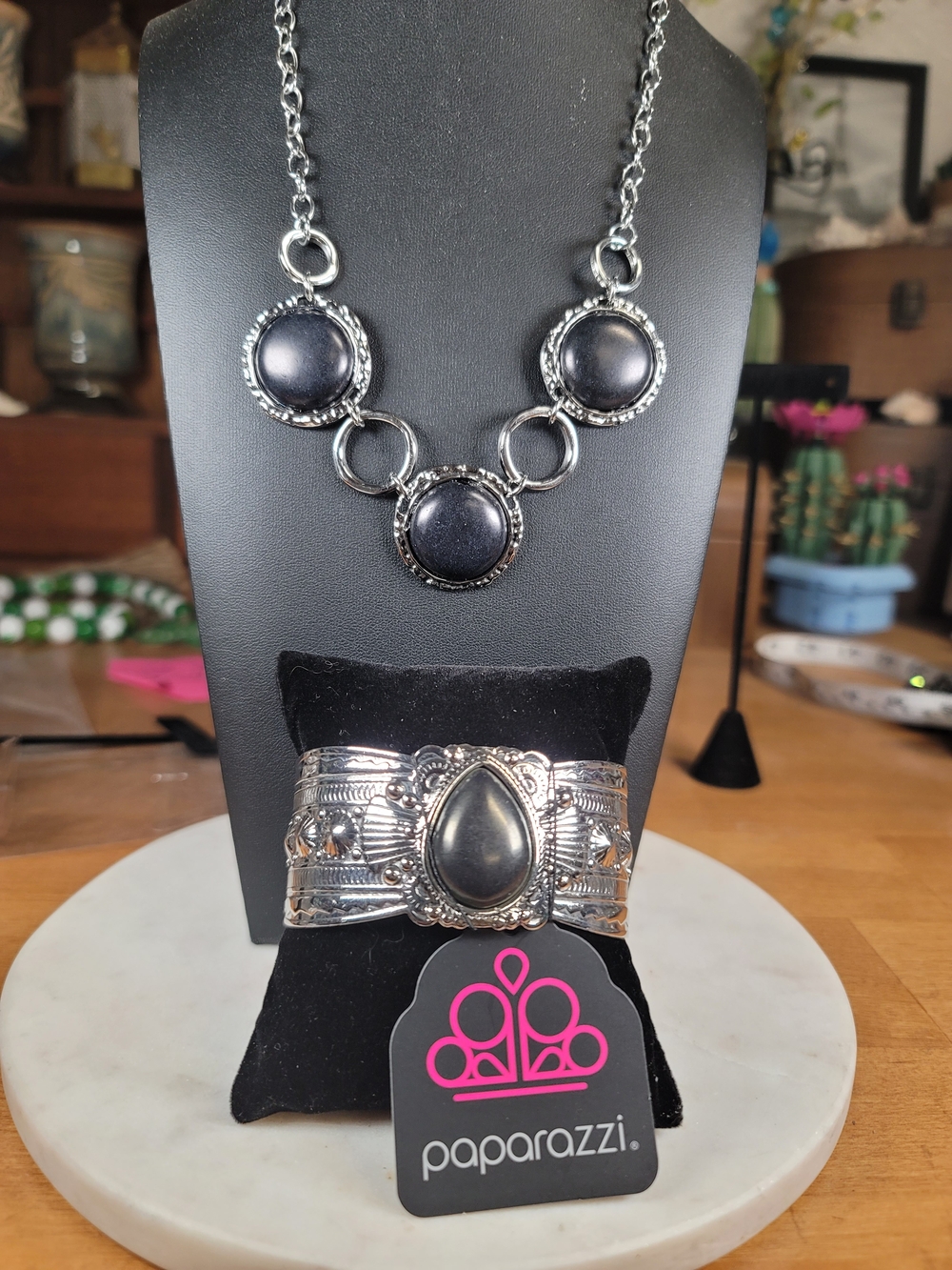 Paparazzi Silver Black Statement Necklace & Cuff Bracelet Set